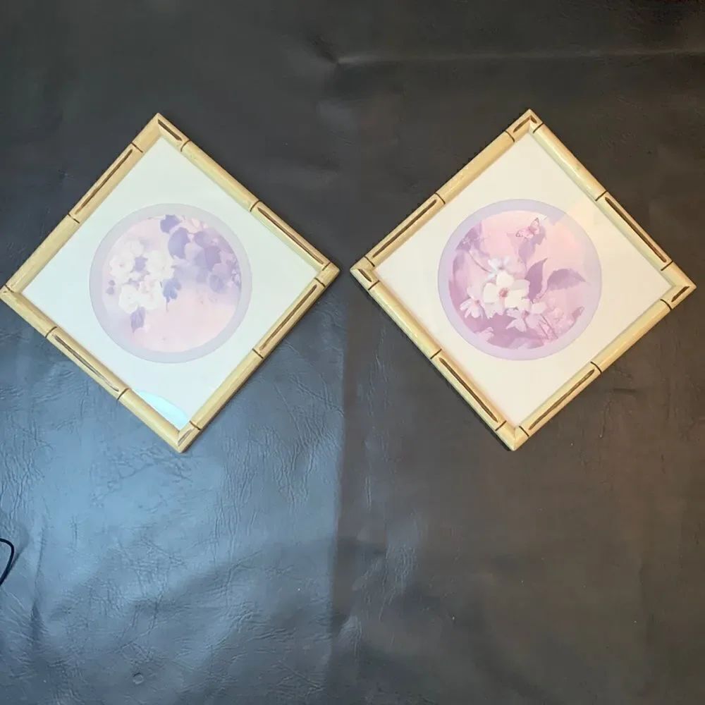 Bamboo Framed Floral Butterfly Prints 11 In Square Set 2 Included Wall Hanging